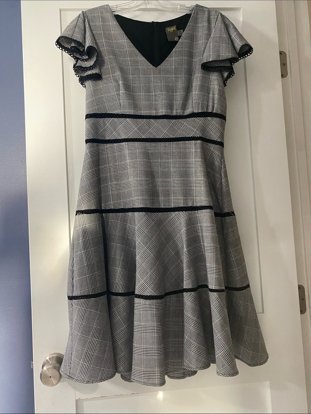 Taylor Gray Plaid Midi Dress with Black Trim